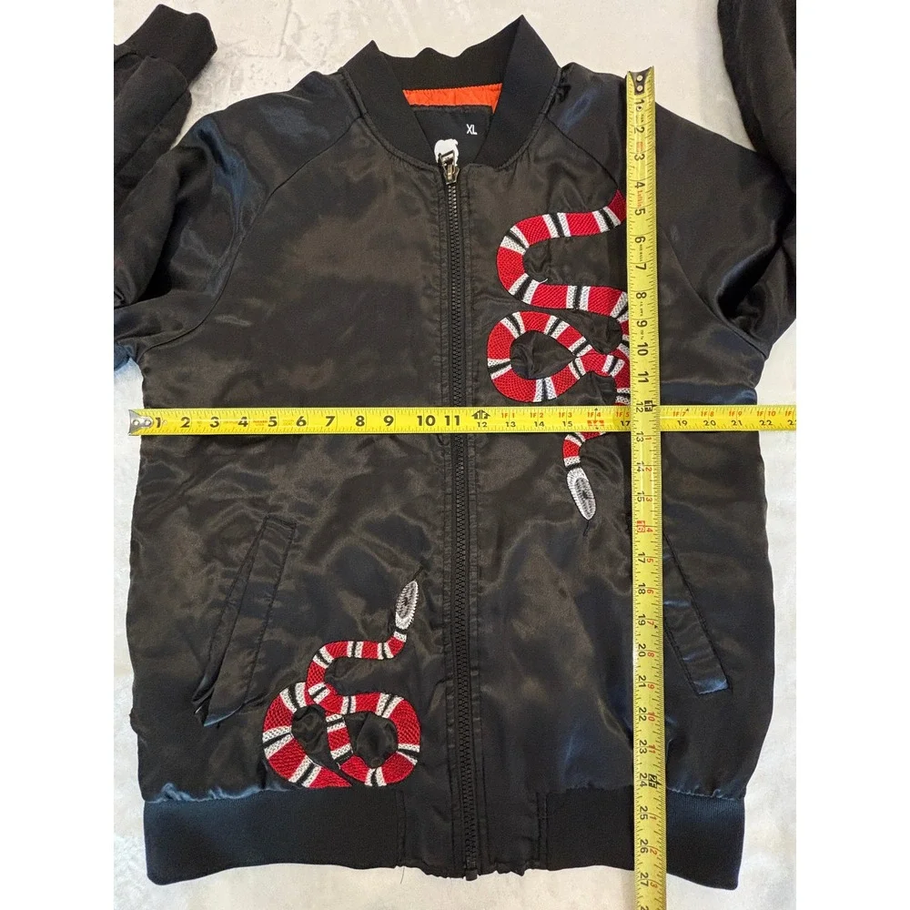 American Stitch Mens XL Black Satin Bomber Jacket Embroidered Snake Streetwear